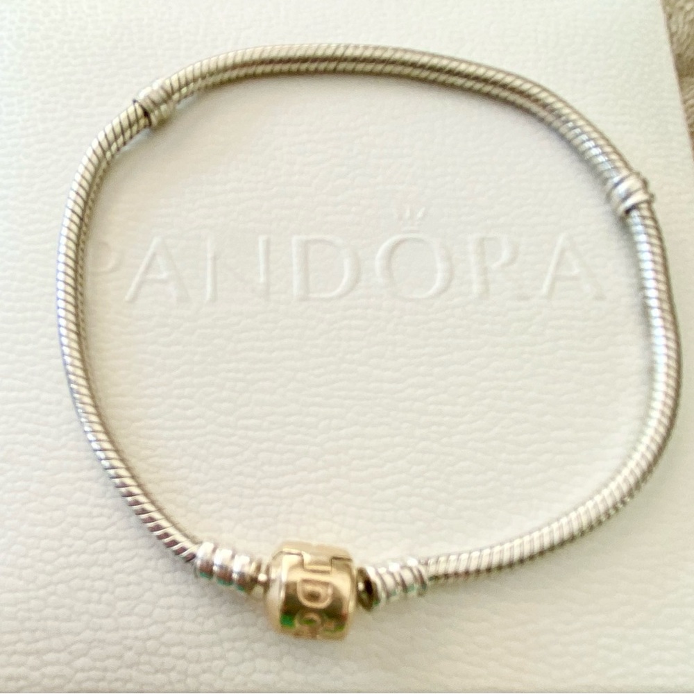 EUC Pandora S925 Silver snakeshain and 14K solid Gold clasp Bracelet, 8 inches - Picture 5 of 10